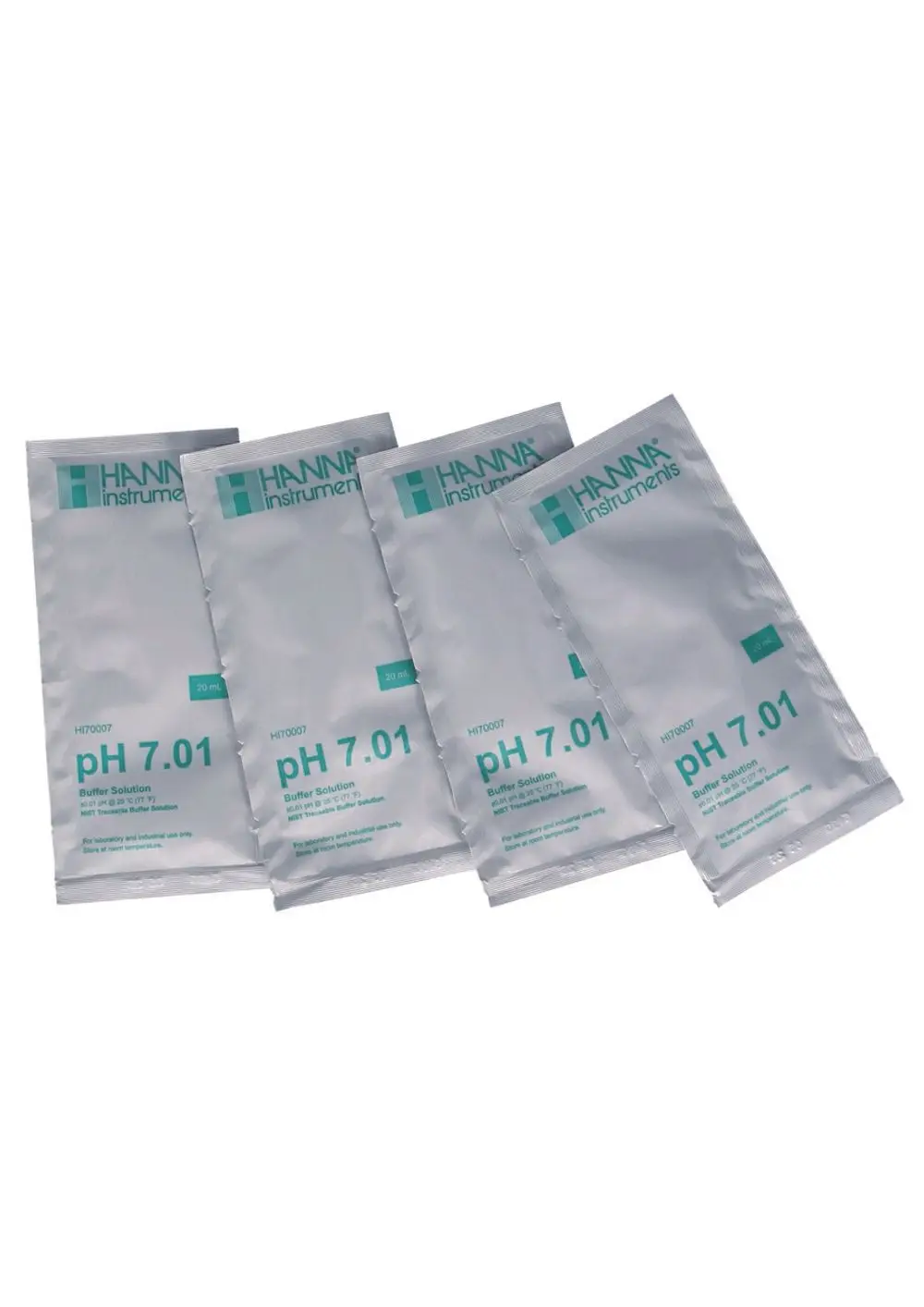 Vier Beutel mit pH-Pufferlösung von Judo, jeweils 20 ml, gekennzeichnet als pH 7.01, für Labor- und Industriezwecke.